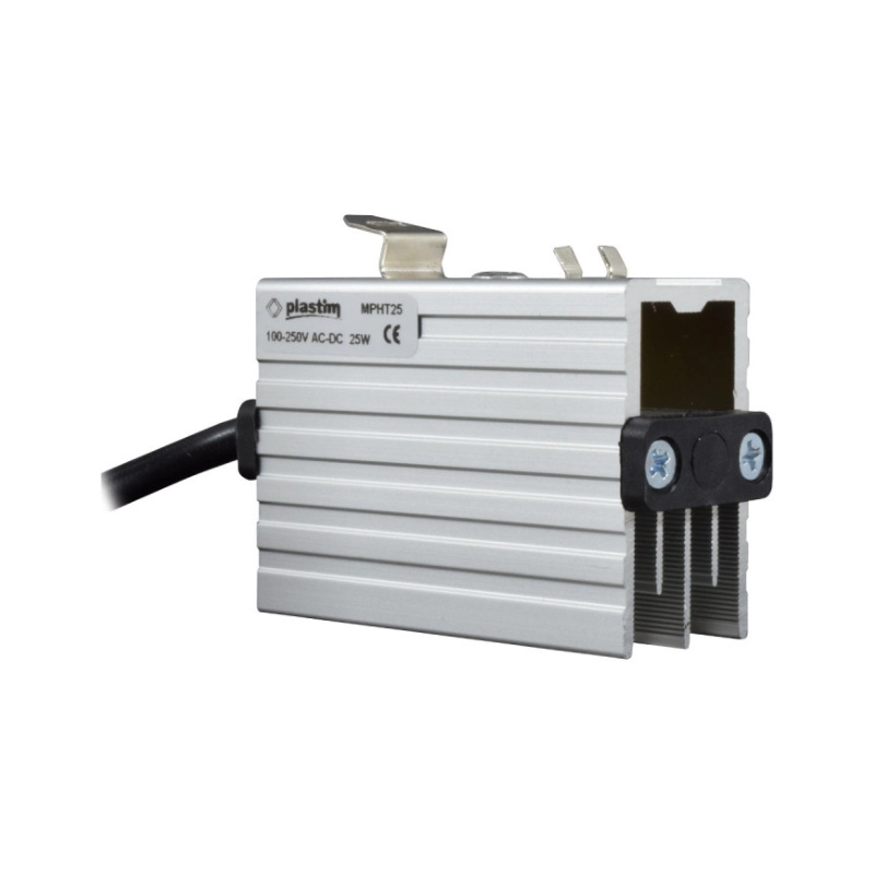 Mini Calefactor Tipo Semiconductor en Aluminio 25W, 100-250Vac/Dc, 2A, Temp -45+70 °C, Conexión con Cable