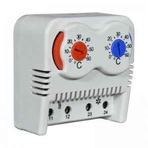 Termostato Dual, Contactos NC+NO, Rango Temp 0-60°C / 0-60°C, 10A 250VAC, 15A 250Vac, Color Rojo + Azul, Montaje en Riel