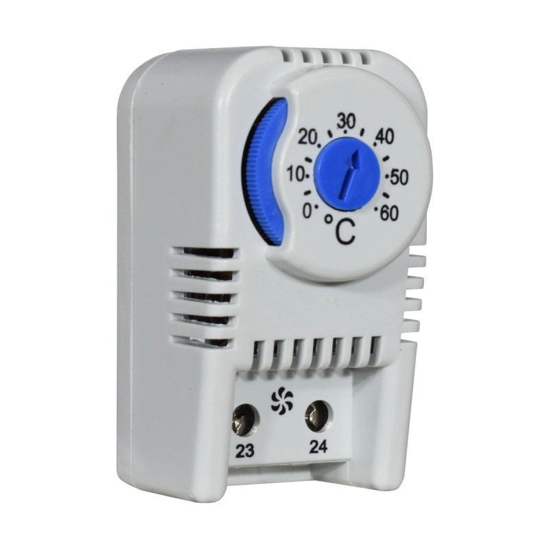 Termostato para Ventilación, Contacto No , Rango Temp 0-60°C, 10A 250Vac, Color Azul, Montaje Riel