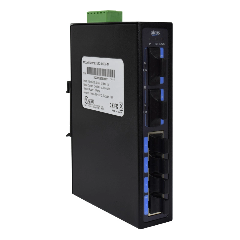 Switch Industrial Ethernet 4 Puertos, 2 Fibra Multimodo Montaje en Riel, Alimentacion 12-48 Vdc