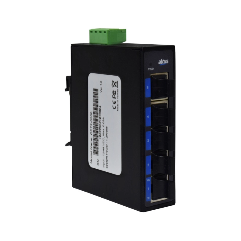 Switch Industrial Ethernet 5 Puertos Montaje en Riel, Alimentación 12-48 Vdc