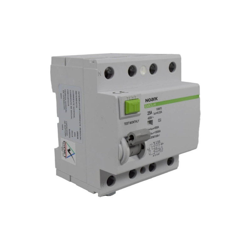 Breaker Noark Diferencial 25A 10KA, Corriente Residual de 30MA, 4 Polos.
