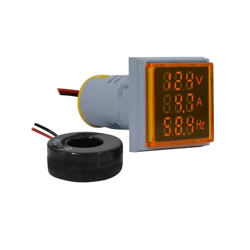 Indicador Xindali Triple Voltaje-Corriente-Frecuencia Cuadrado 22mm Amarillo, 50-500vac, 0-100a Ct Incluido, 0-80hz