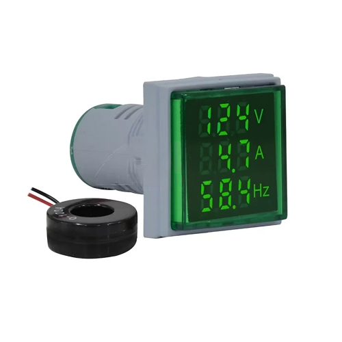 Indicador Xindali Triple Voltaje-Corriente-Frecuencia Cuadrado 22mm Verde, 50-500vac, 0-100a Ct Incluido, 0-80hz