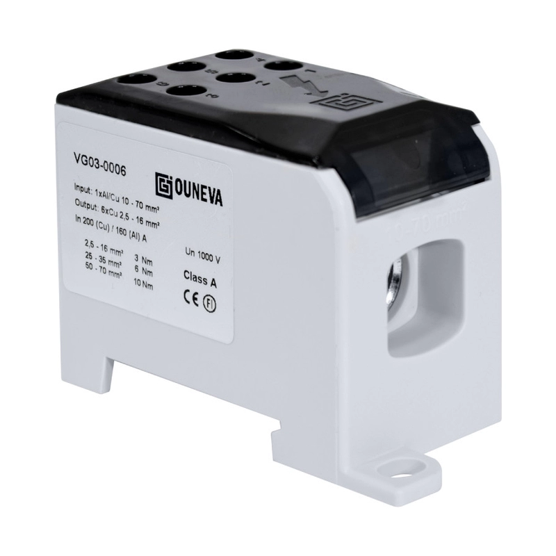 Bloque Ouneva De Distribucion Ojl, 1Xal/Cu 10-70Mm2, 6X Cu 2,5-16Mm2 Un 1000Vac/Dc In 160(Al)/200(Cu) Color Gris.