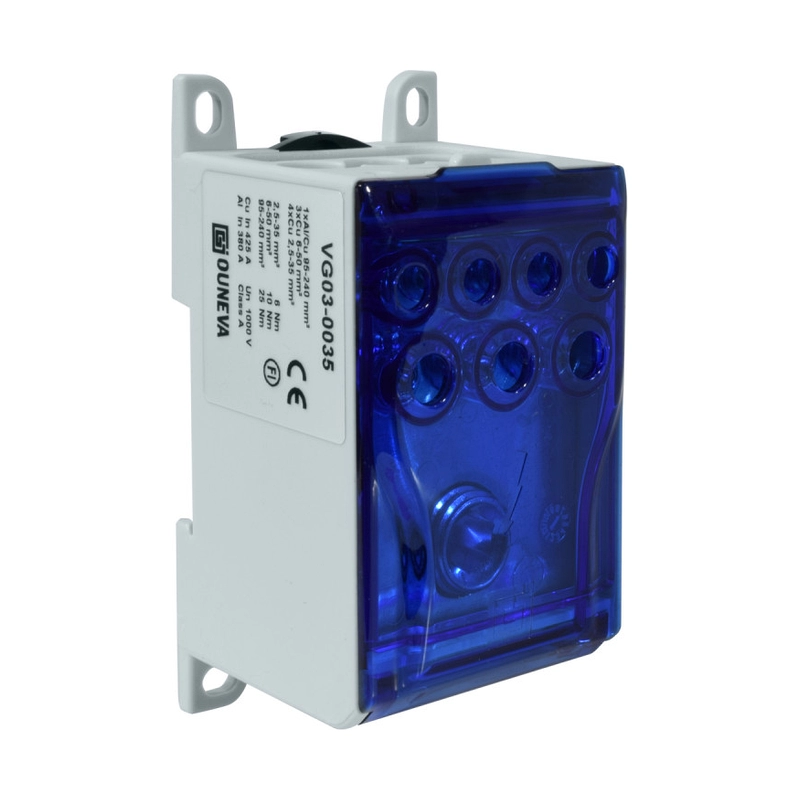 Bloque Ouneva De Distribucion Ojl, 1Xal/Cu 10-70Mm2, 6X Cu 2,5-16Mm2 Un 1000Vac/Dc In 160(Al)/200(Cu) Color Verde.