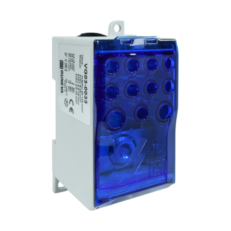 Bloque Ouneva De Distribucion Ojl, 1Xal/Cu 35-120Mm2, 5X Cu 2,5-16Mm2, 4X 2,5-10Mm2, 2X 6-35Mm2 Un 1000Vac/Dc In 160(Al)/200(Cu) Color Azul.