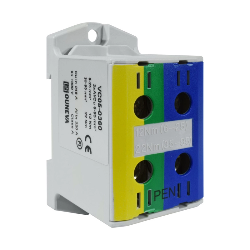 Conector Serie Otl Cobre / Aluminio, Aislado, 2 Conexiones Al/Cu 6 a 95 Mm2 Color Azul, Amarillo/Verde, un 1000Vac/Dc, In 245A(Cu)/220A(Al) Aprobación