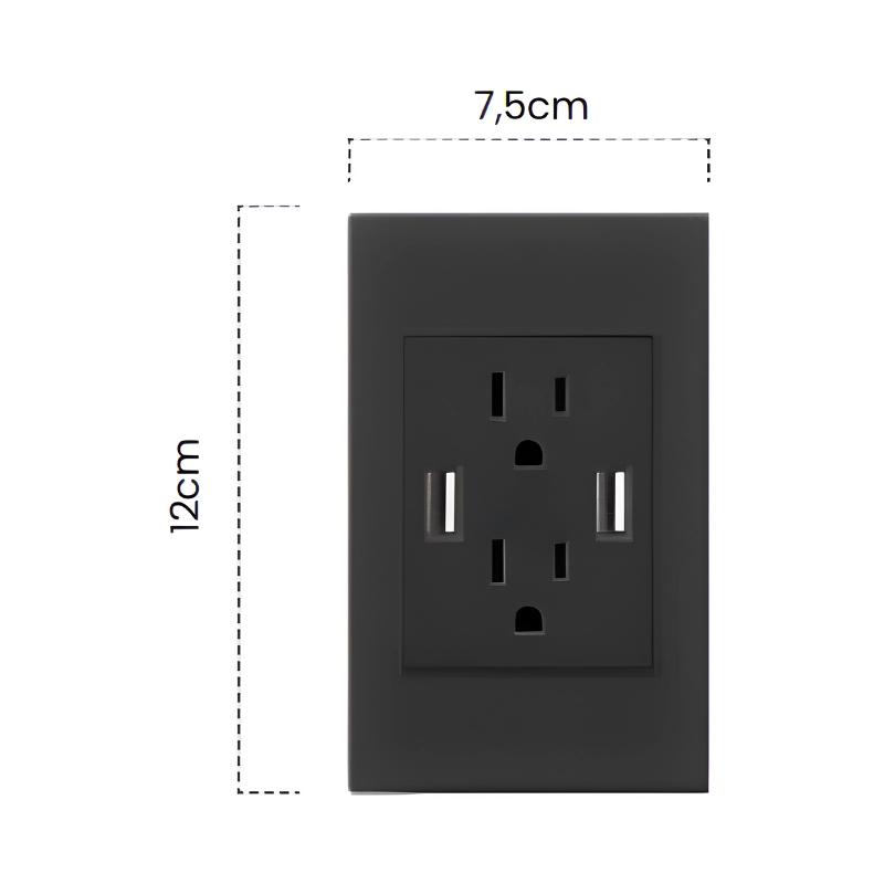 Toma Doble Polo Tierra + USB X2 Negro Mate