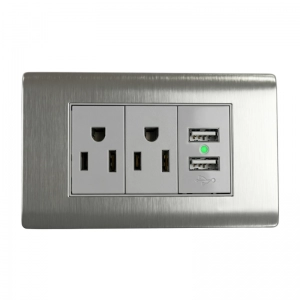 Toma Con Polo Doble + USB Doble Acero Inoxidable