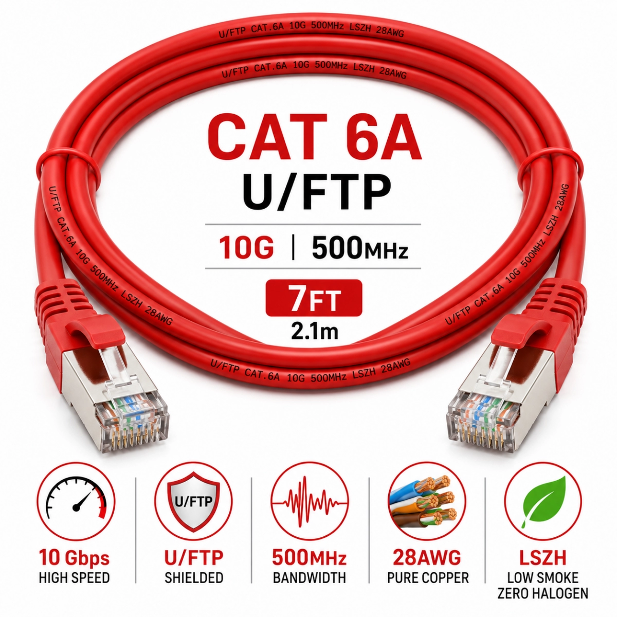 Patch Cord U/FTP Cat 6A 7FT Rojo