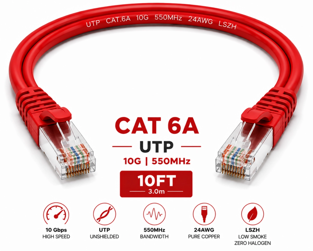 Patch Cord UTP Cat 6A 10FT Rojo