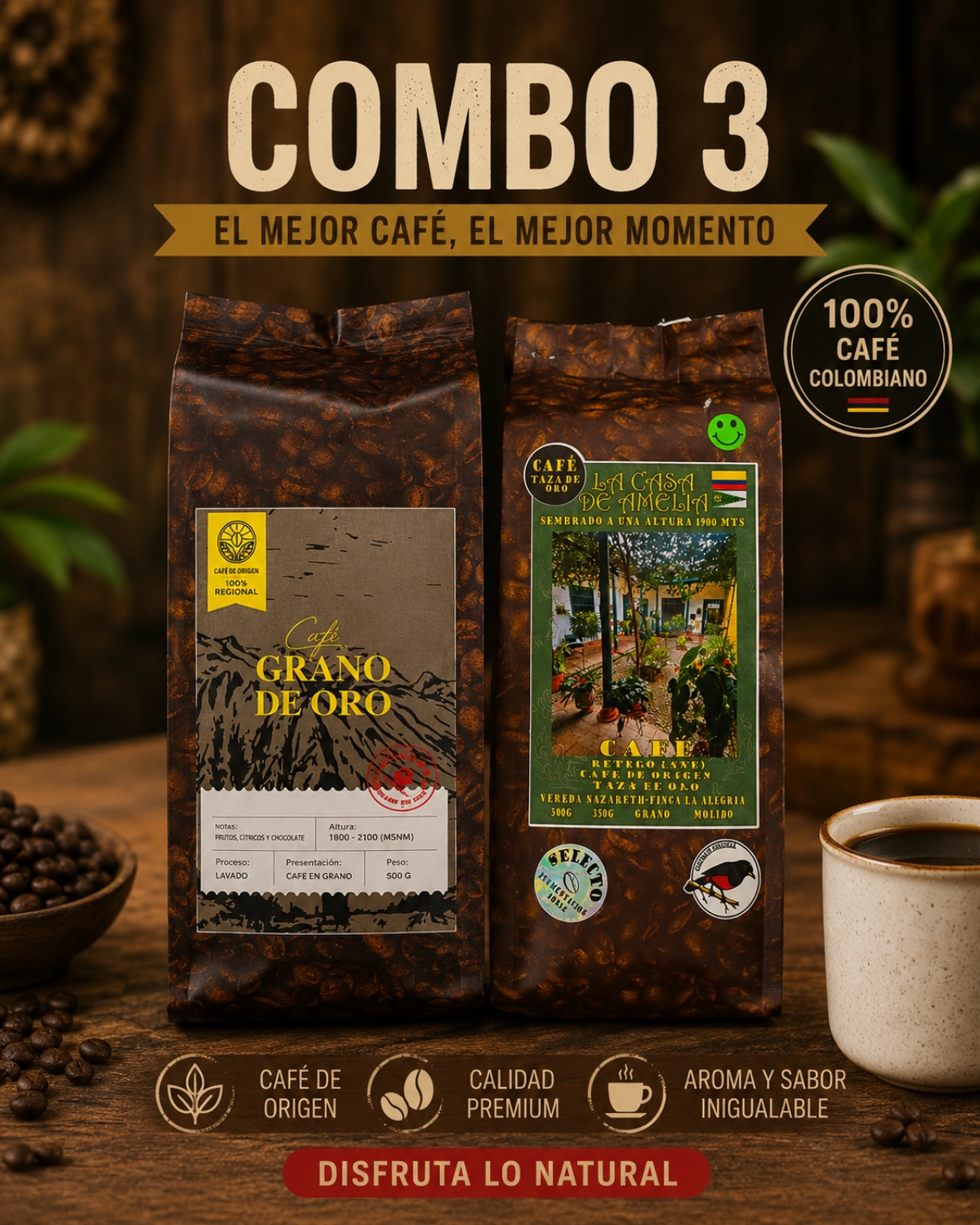 Combo 3.  Cafe Grano de oro + Cafe taza de oro